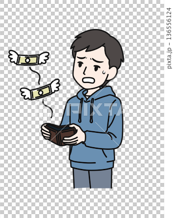 財布からお金が飛び立つのを見てガッカリするカジュアルな服装の男性のイラスト素材 136556124