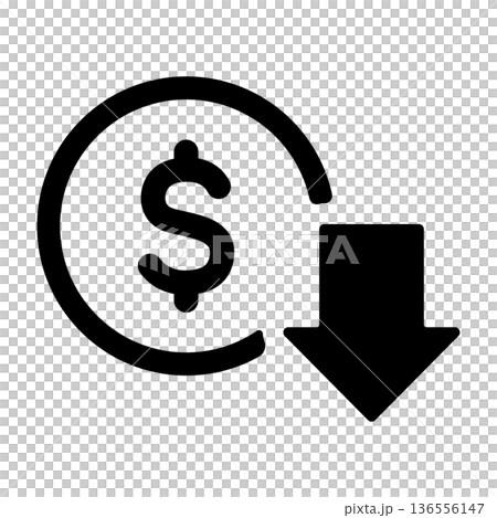 Dollar sign and down arrow: Icon representing cost reduction Dollar sign and down arrow: Icon representing cost reduction 136556147