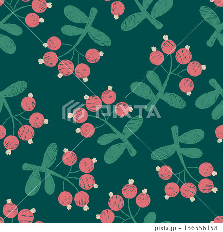 Seamless Floral Crayon Pattern. Red Berries on Green Alexandrite Background. Textured Primitive Hand-Drawn doodle Ornament. Vector illustration. Not AI 136556158