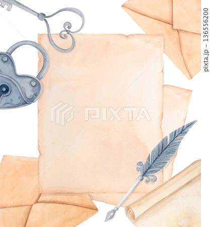 Watercolor antique love letter arrangement with parchment papers, envelopes, metal lock and old key. Romantic Valentine frame. Watercolor antique love letter arrangement with parchment papers, envelopes, metal lock and old key. Romantic Valentine frame. 136556200