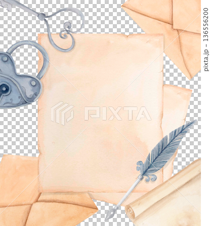 Watercolor antique love letter arrangement with parchment papers, envelopes, metal lock and old key. Romantic Valentine frame. 136556200