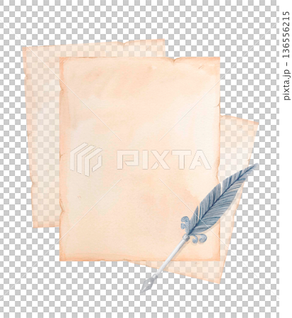 Watercolor antique paper sheets with feather quill template isolated on white. Vintage parchment background with blank copy space Watercolor antique paper sheets with feather quill template isolated on white. Vintage parchment background with blank copy space 136556215