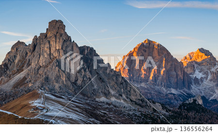 Panorama of Passo Giau in the Dolomites mountains during autumn sunrise. Beautiful mountains of Alpi Dolomiti in Italy, South Tirol 136556264