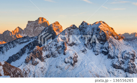 Panorama of Passo Giau in the Dolomites mountains during autumn sunrise. Beautiful mountains of Alpi Dolomiti in Italy, South Tirol 136556265