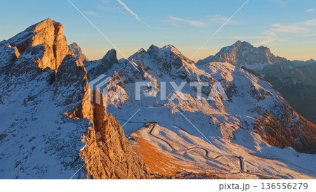 Panorama of Passo Giau in the Dolomites mountains during autumn sunrise. Beautiful mountains of Alpi Dolomiti in Italy, South Tirol 136556279