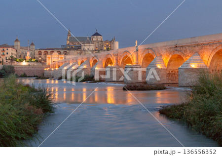 Illuminated Roman Bridge and Mezquita Cathedral at Night in Cordoba Spain 136556352