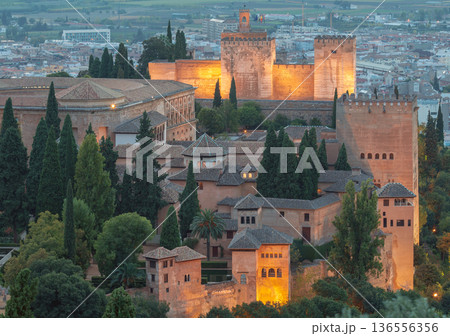 Alhambra Fortress at Dusk in Granada, Spain Alhambra Fortress at Dusk in Granada, Spain 136556356