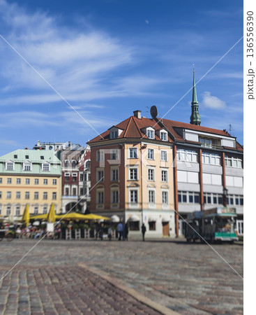 Riga Old Town view, Latvia, streets of  Vecriga historical center with Town Hall square, House Of The Black Heads, Cathedral and church, travel to Latvia and Baltic States, summer day with a blue sky 136556390