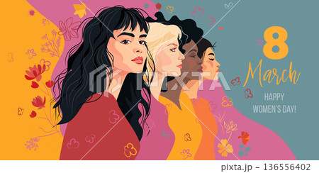 8 march International Women s day greeting card. Four women of different nationalities. 8 march International Women s day greeting card. Four women of different nationalities. 136556402