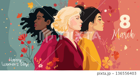 8 march International Women s day greeting card. Three women of different nationalities. 136556403