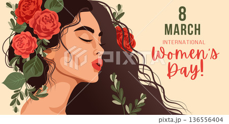 8 March International womens day Greeting Card. Beautiful young woman with flowers in hair. 136556404