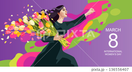 International Womens Day 8 March postcard. Young woman with flowers and hand clenched into fist. International Womens Day 8 March postcard. Young woman with flowers and hand clenched into fist. 136556407