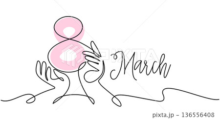 International Womens Day 8 March greeting card. Hands hold big eight. Continuous one line drawing art 136556408