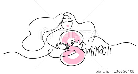 International Womens Day 8 March greeting card. Woman hold big Eight. International Womens Day 8 March greeting card. Woman hold big Eight. 136556409