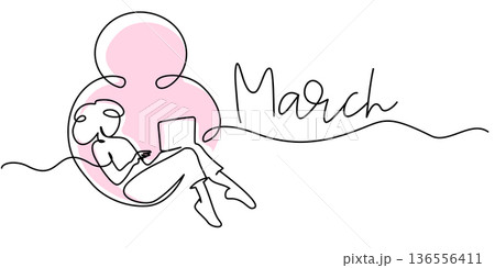 Woman sit with laptop inside big eight. Womens day 8 march concept decoration. Continuous one line drawing. Woman sit with laptop inside big eight. Womens day 8 march concept decoration. Continuous one line drawing. 136556411