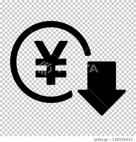 Yen symbol and falling arrow - Icon representing savings Yen symbol and falling arrow - Icon representing savings 136556433