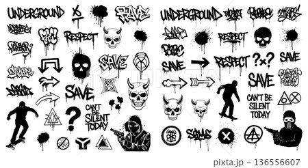 Graffiti style collection featuring skulls, slogans, skater silhouette, and balaclava gun holder 136556607