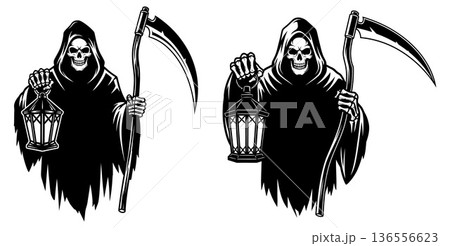 Grim Reaper with Scythe and Lantern Halloween Illustration 136556623
