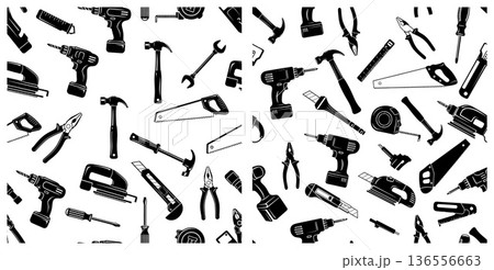 Hand tools pattern, construction instruments background, workshop elements for repair work and renovation projects 136556663