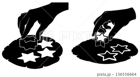 Hand Using Star Cookie Cutters on Dough Silhouette, Baking Process 136556664
