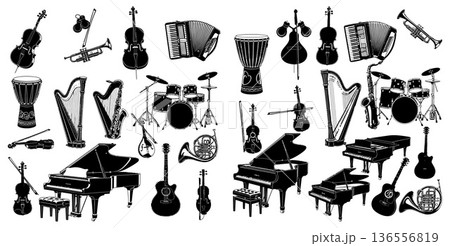 Collection of various musical instruments including pianos guitars violins drums and more 136556819