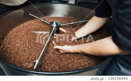 Close-up and high-detail shot of male hands carefully holding coffee beans Close-up and high-detail shot of male hands carefully holding coffee beans 136556944