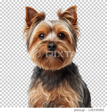 Yorkshire Terrier With Distinct Fur Standing on a Plain Background 136556985