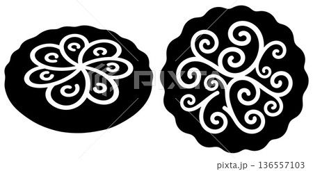 Decorative rosette graphics showing floral stylized elements and swirl patterns, isolated shapes 136557103