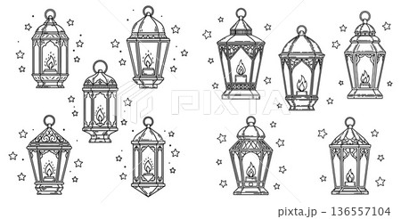 Decorative set of Ramadan lanterns with line art and star details for backgrounds Decorative set of Ramadan lanterns with line art and star details for backgrounds 136557104