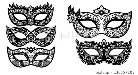 Decorative venetian masquerade masks collection with floral patterns in elegant line art style 136557105