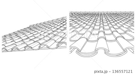 Detailed illustration showcasing roof tiles in perspective view, outlined for architectural designs 136557121