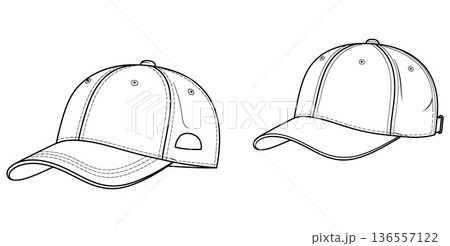 Detailed line art drawing of two baseball caps, front and side views 136557122