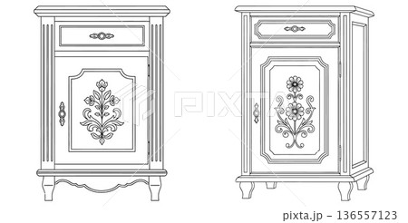 Detailed line art illustration of an ornate antique nightstand with floral carvings and elegant legs 136557123