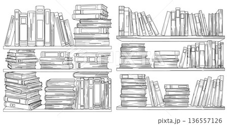 Detailed line art illustration of various books stacked and arranged on bookshelves 136557126