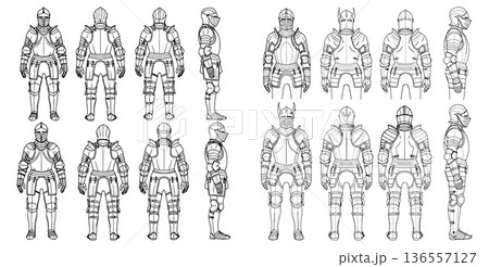 Detailed line art illustrations of knightly armor from multiple angles Detailed line art illustrations of knightly armor from multiple angles 136557127