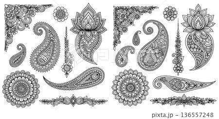 Diverse set of line art henna elements featuring traditional paisley shapes and intricate floral motifs for cultural designs 136557248
