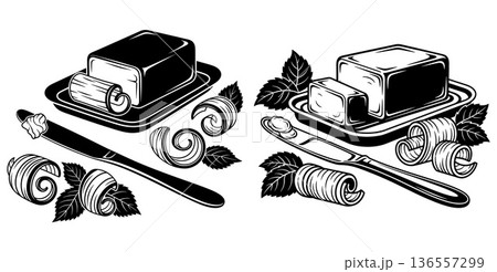 Engraved butter curls with dish and knife, ideal for menu illustrations, detailed design 136557299