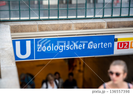 Berlin, germany, august 14, 2023. Berlin, germany, u-bahn sign for zoologischer garten station, connecting city travelers with public transport underground 136557398