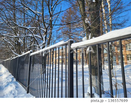 Near the park, a snow-covered metal fence on a clear sunny day in winter 136557699