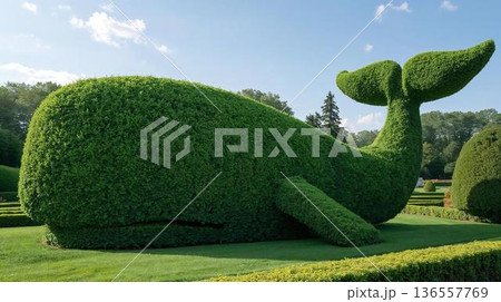 巨大なクジラ型トピアリーが佇む美しい庭園風景 136557769