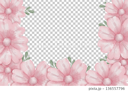 Delicate watercolor floral frame with pink daisies and green leaves with central text space, white background, for romantic wedding invitations, cheerful birthday cards, and elegant party stationery 136557796