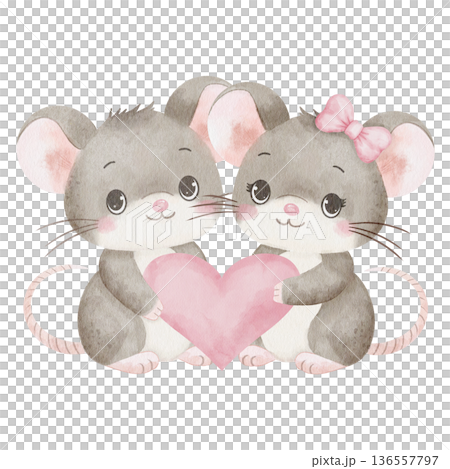 Two adorable mice holding large pink heart. Watercolor illustration, isolated on white background. Mice has a pink bow. For romantic Valentine's cards, packaging, and sweet children's projects 136557797