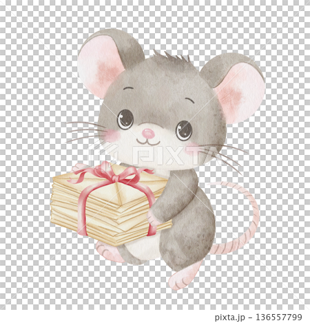 Watercolor illustration of cute mouse holding stack of letters tied with pink ribbon. Isolated on white background. For children's greeting cards, romantic stationery, heartfelt packaging design. Watercolor illustration of cute mouse holding stack of letters tied with pink ribbon. Isolated on white background. For children's greeting cards, romantic stationery, heartfelt packaging design. 136557799