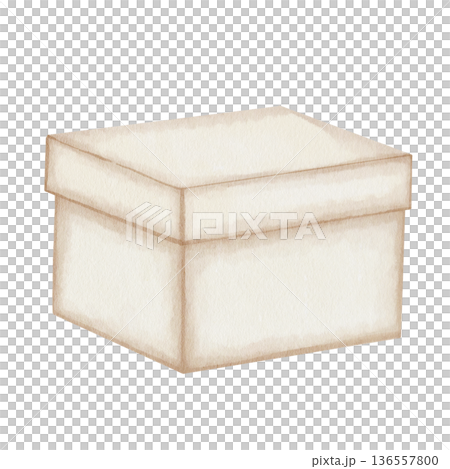 Watercolor illustration of rectangular box with lid, isolated on white background. In beige and cream tones, minimalist style. Suitable for packaging design, postcards, labels, decorative elements 136557800