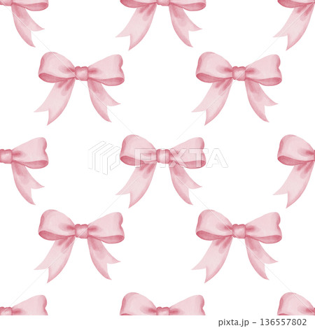 Watercolor seamless pattern of pink satin bows on white background. Light, romantic style. Perfect for greeting cards, packaging, children's projects, fabric, textile designs 136557802