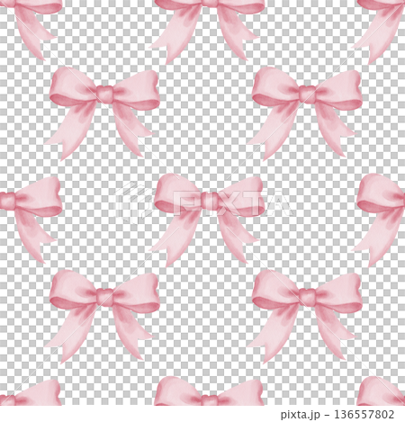 Watercolor seamless pattern of pink satin bows on white background. Light, romantic style. Perfect for greeting cards, packaging, children's projects, fabric, textile designs 136557802