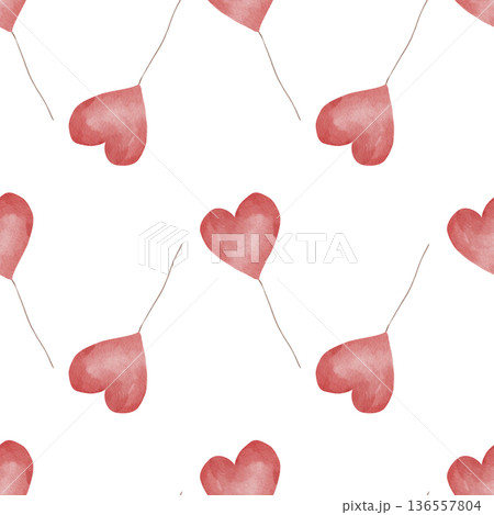 Seamless watercolor pattern with red heart-shaped balloons. Hand-drawn, white background. For romantic gift wrap, festive textiles, and cheerful Valentine's Day packaging 136557804