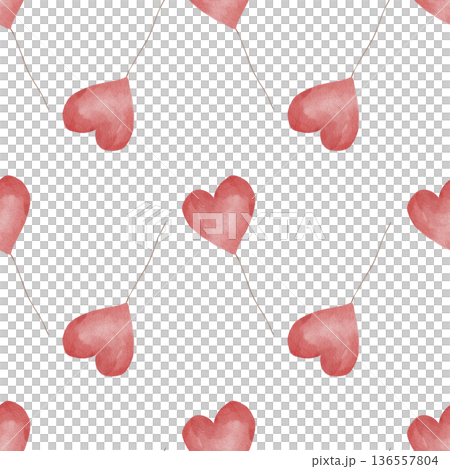 Seamless watercolor pattern with red heart-shaped balloons. Hand-drawn, white background. For romantic gift wrap, festive textiles, and cheerful Valentine's Day packaging 136557804