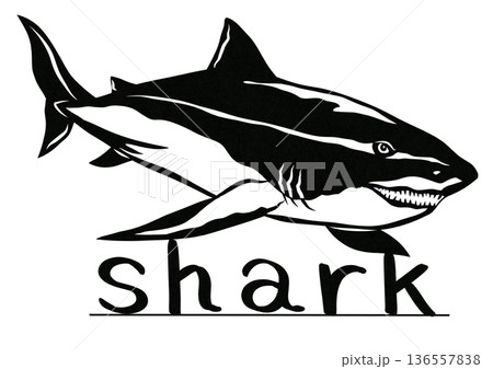来たー来たー逃げろホオジロザメのシンプル白黒切り絵イラスト 136557838