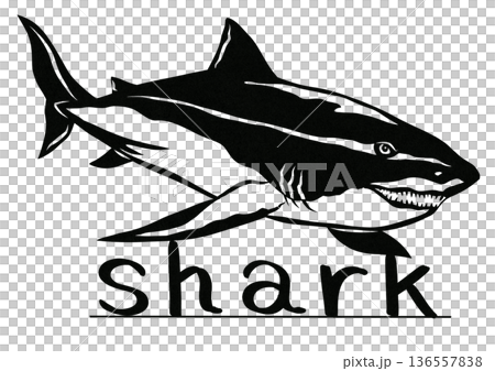 来たー来たー逃げろホオジロザメのシンプル白黒切り絵イラスト 136557838